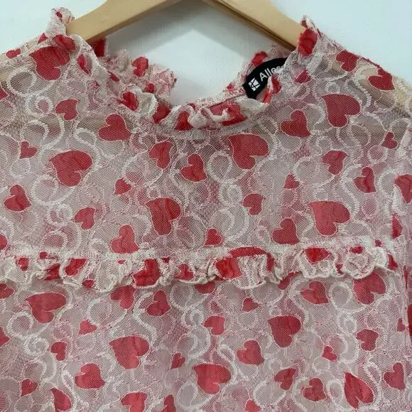 Fairy Heart Ruffle Mock Neck Sheer Mesh Lace Top Sz XL Cottage Prairie Romantic - Picture 6 of 12